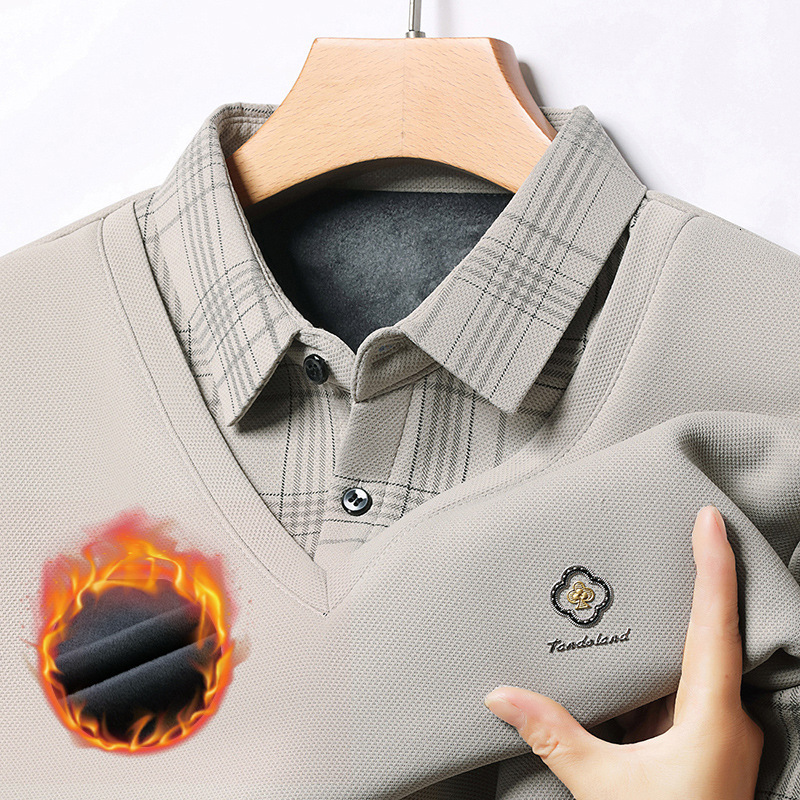 Winter New Fake Two-piece Long Sleeve T-shirt Designer T-shirt Men's Business Casual Fleece Lined Thickened Turn-down Collar Plaid Polo Shirt Top