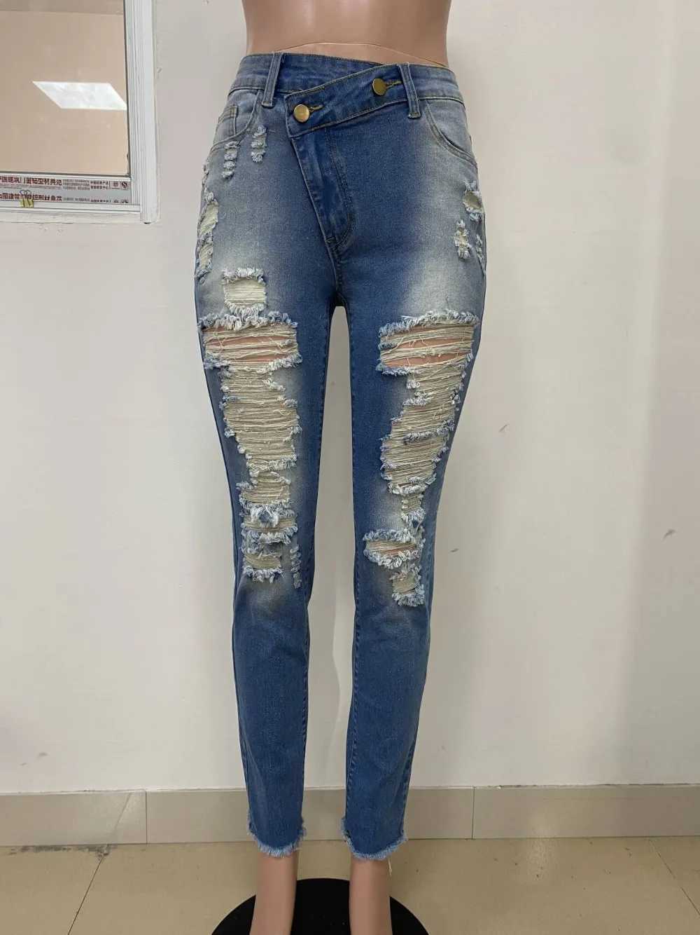 Jeans Ankle Length Women Pencil Denim Hole Pants Ripped Pockets High Waist Jean Skinny Streetwear Button Washed Distressed J251031