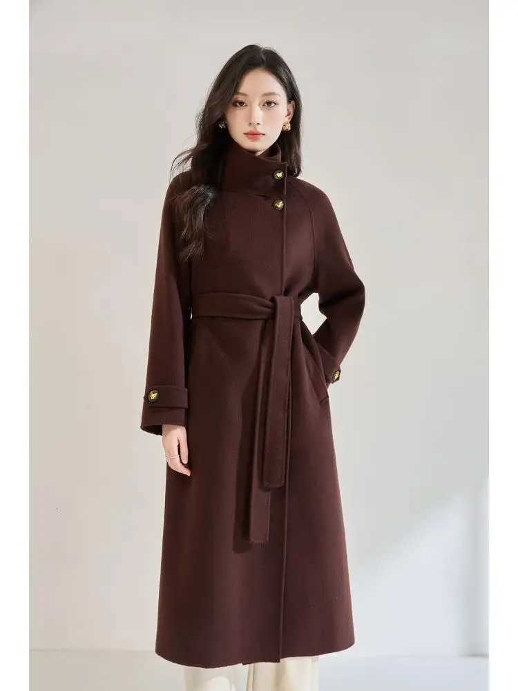 Office Lady Elegant Fashion Woolen Jackets 2025 Autumn And Winter Stand Collar LaceUp Loose Womens 100 Wool Long CoatsT251101