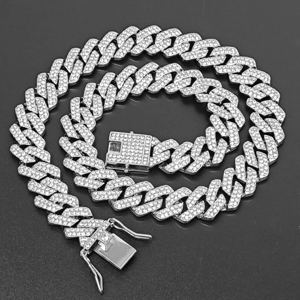 HipHop Men Women 14MM Prong k Chain Necklace Bg Iced Out 2 Row Rhie Paved Miami Rhombus Cuban Bracelet Jewelry