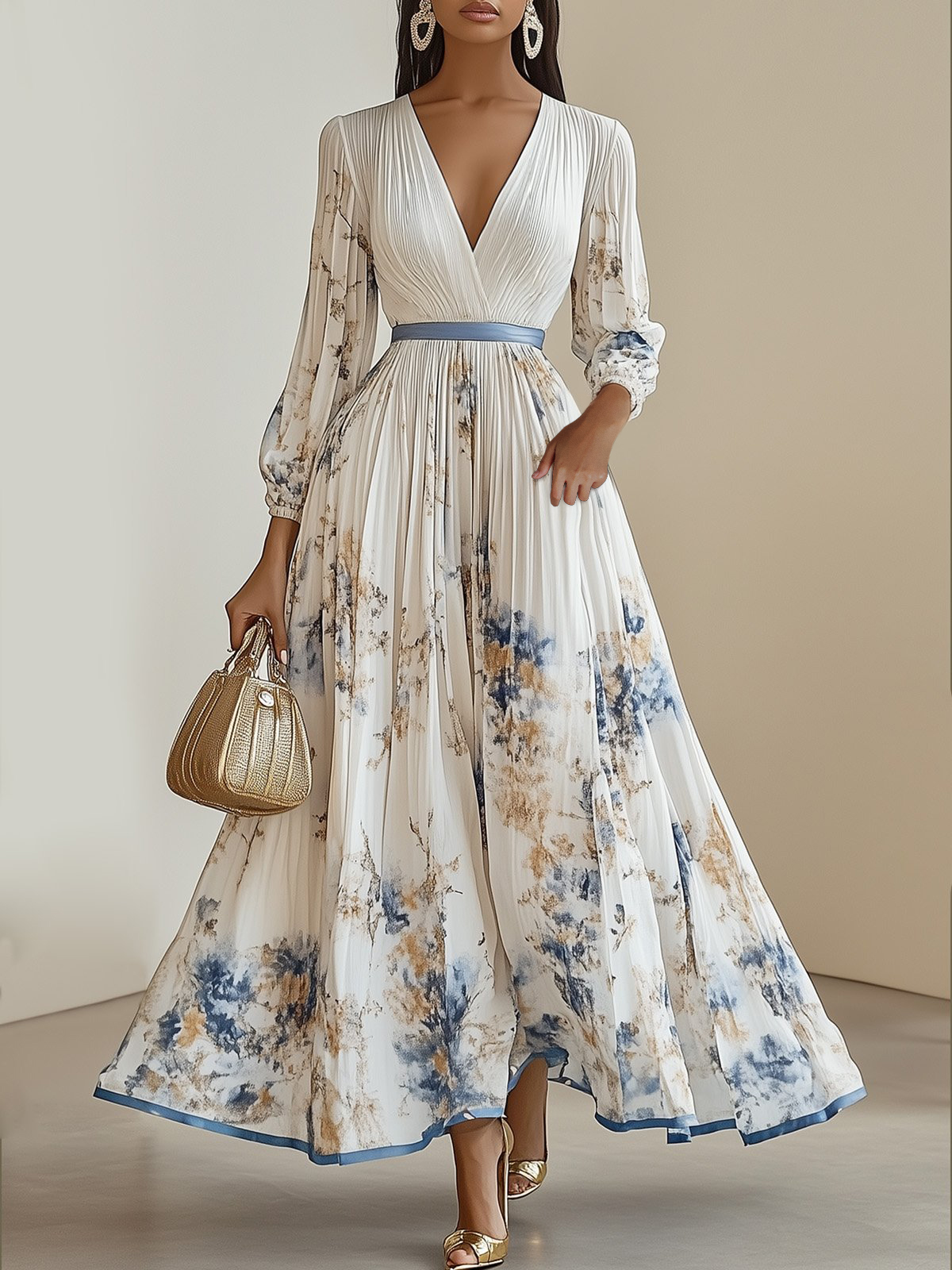 Women's Floral Print Pleated Maxi Dress, Deep V-Neck Long Sleeve Belted Evening Gown for Party & Formal Events
