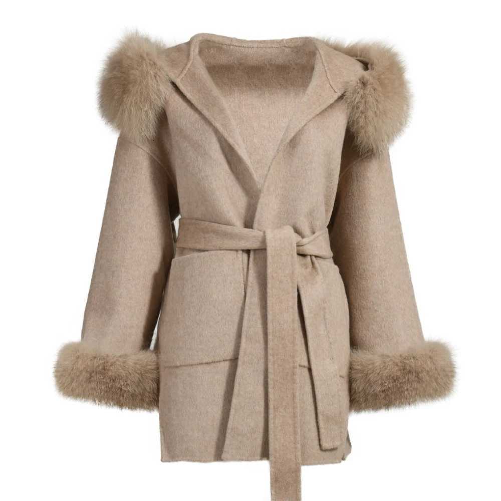 Jxwatcher Wool Coat and Blends Fashion Medium Length Cashmere Jacket Hooded 100 Real Fox Fur Collar Cuffs Winter Coat for WomenT251101