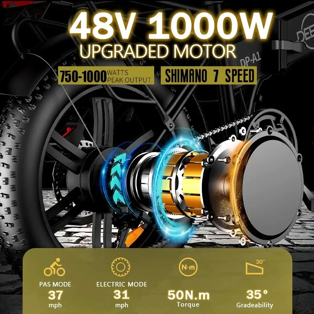EU Delivery DEEPOWER 1000W Electric Bike 48V 20AH Folding Mountain Ebike Fat Tire Urban Commuting Electric Bicycle 36MPH