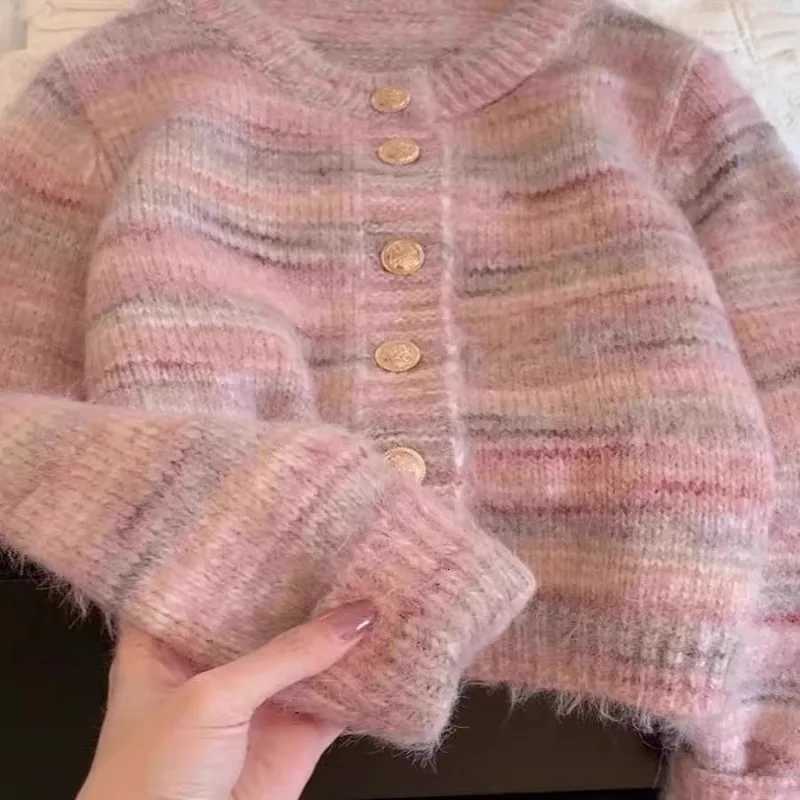 Women Elegant Slim Oneck Warm Vintage Knitted Cardigan Autumn Winter New Chic Button Soft Single Breasted Striped SweaterT251101