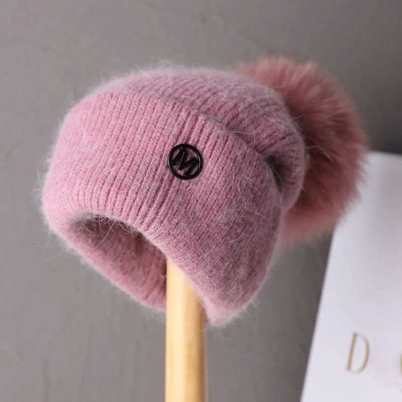 New In Hat Real Fur Pom Poms Hat Women Outdoor Warm Skullies Beanie Winter Hat for Women Rabbit Knitted Thick CAP ChristmasXJ251101