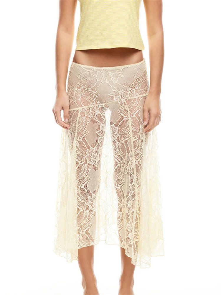 CHRONSTYLE Women Midi Skirts Lace Floral Irregular Hem Elastic Low Waist Skirts Summer Casual See Through Skirts Streetwear 250401