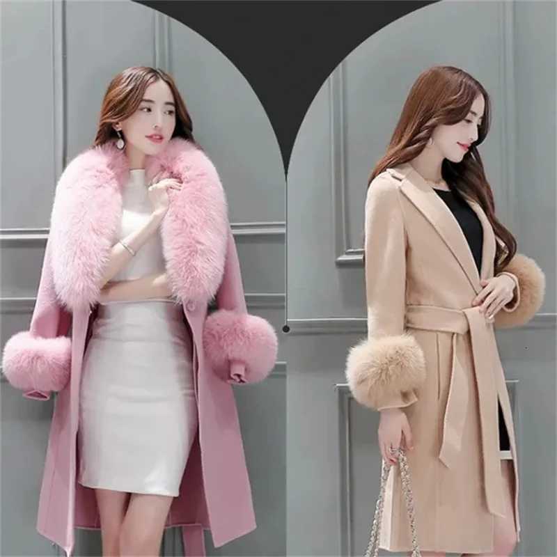 Womens Long Woolen Coat Korean Version New Winter Slim Fit Lace Up Big Wool Collar Fur Coat Detachable Woolen Collar OutwearT251101
