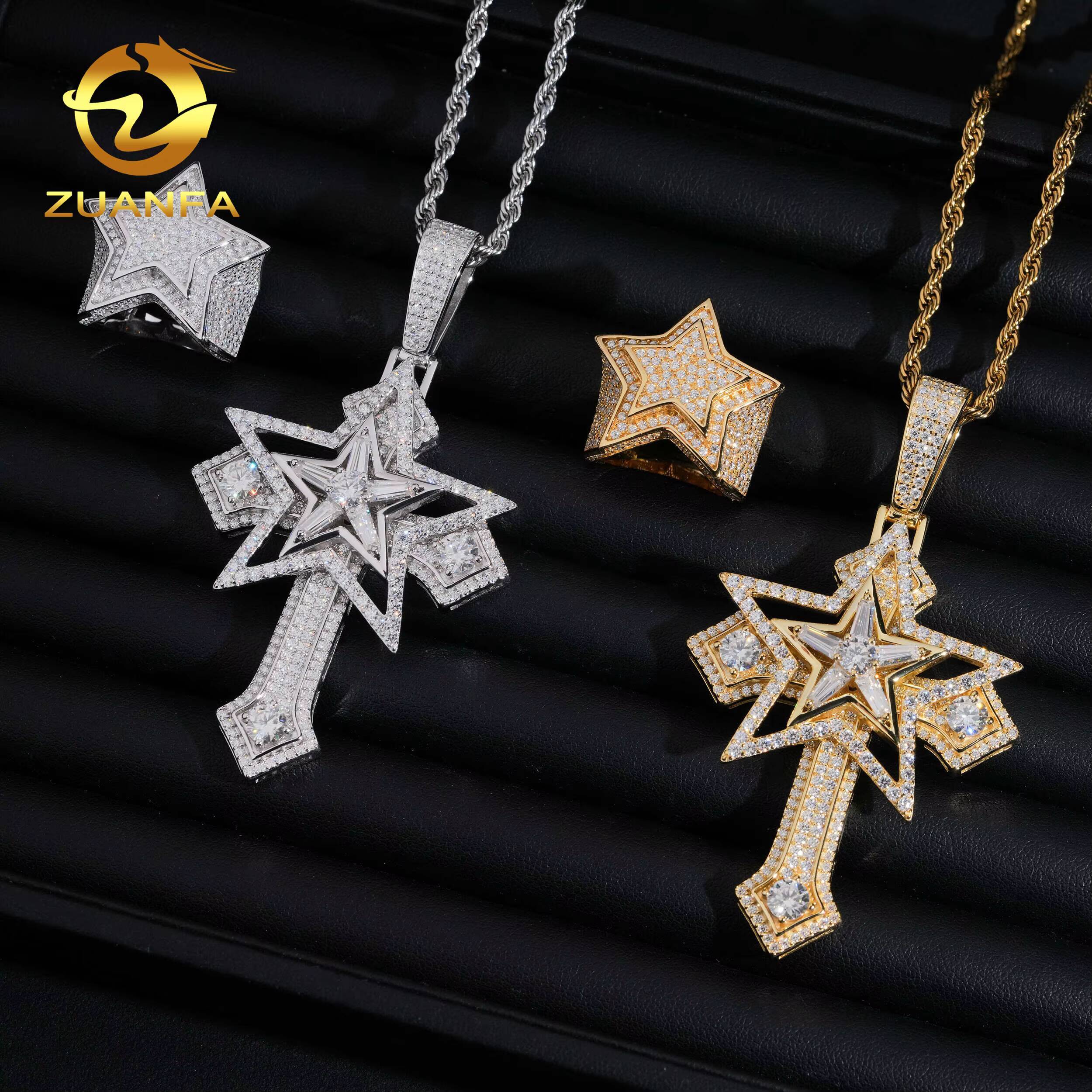 Fast Shipping Hip Hop Jewelry Cross Moissanite Pendant 925 Silver Moissanite Iced Out Pendant With Chain Star Pendant