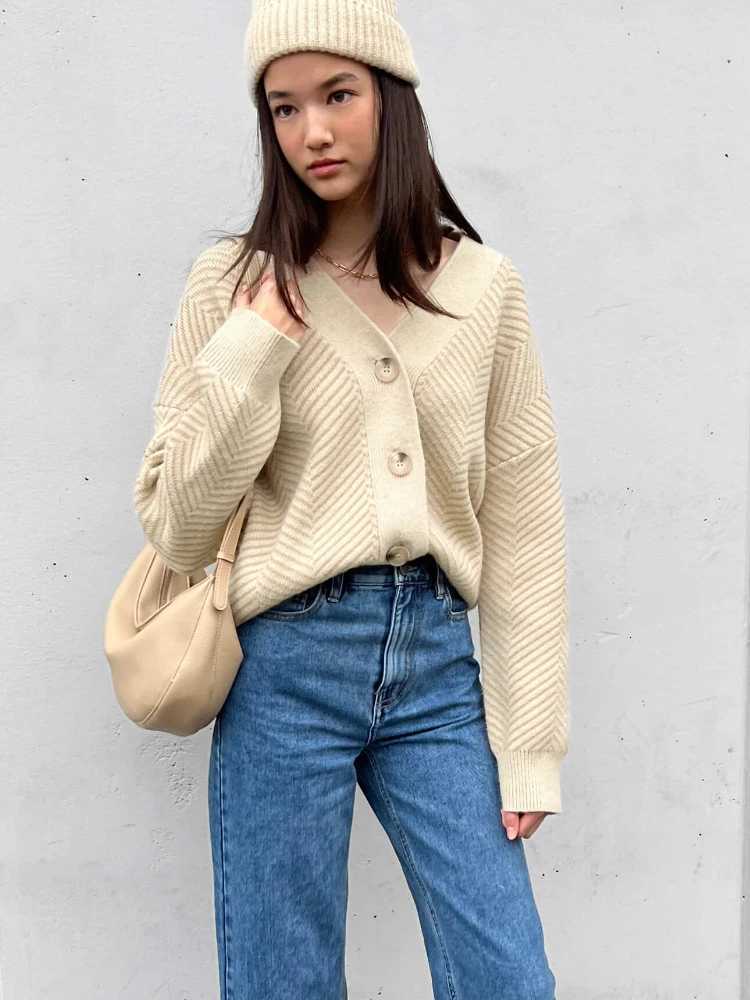 Bornladies Womens Sweater Autumn Winter New VNeck Striped Loosefitting Cardigan Knitted Tops Single Breasted Elegant SweatersT251101