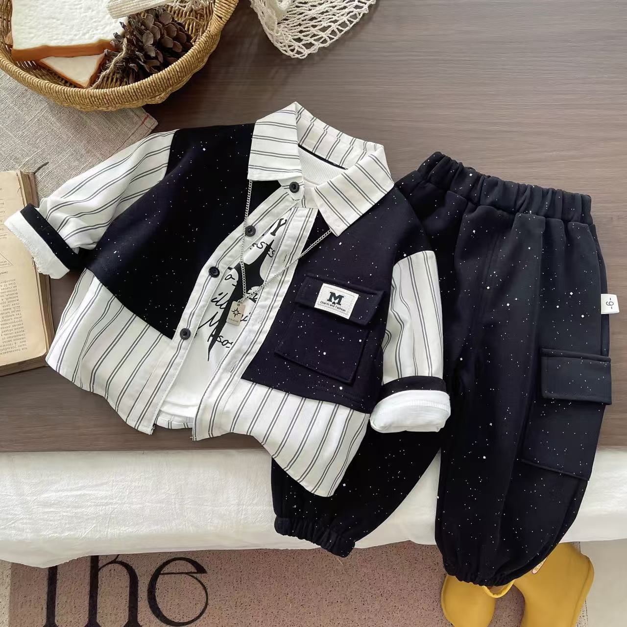 2025 Boys 3-Piece Set Korean Style Outfit with Mock Vest Shirt & Pants Trendy Autumn Clothes for Kids