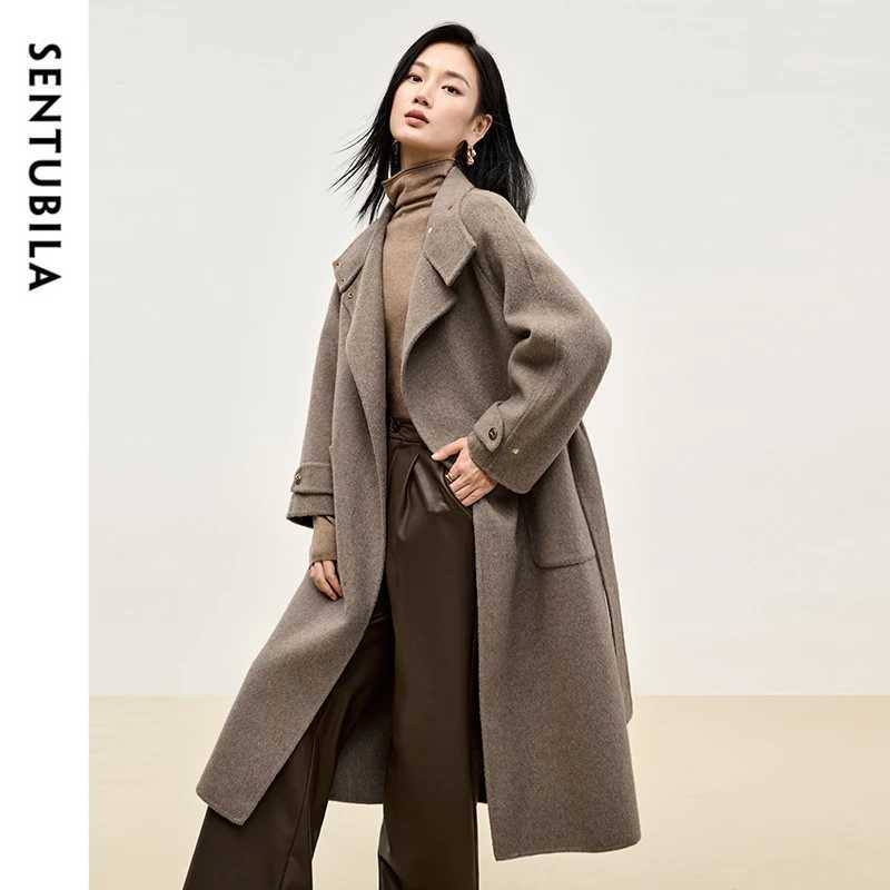 SENTUBILA Women Wool Blend Long Coat Winter Warm Outerwears 2025 Loose Fit Stand Neck Double Sided Belted Overcoat W44O56661T251101