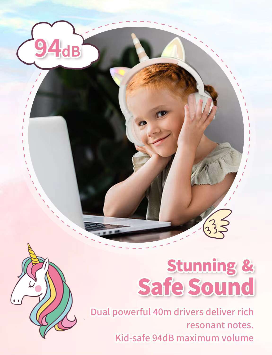 YUSONIC Cute Kids On-ear Headphones Pink Glowing LED Waterproof Wireless Unicorn Headband ROHS Certified for Christmas