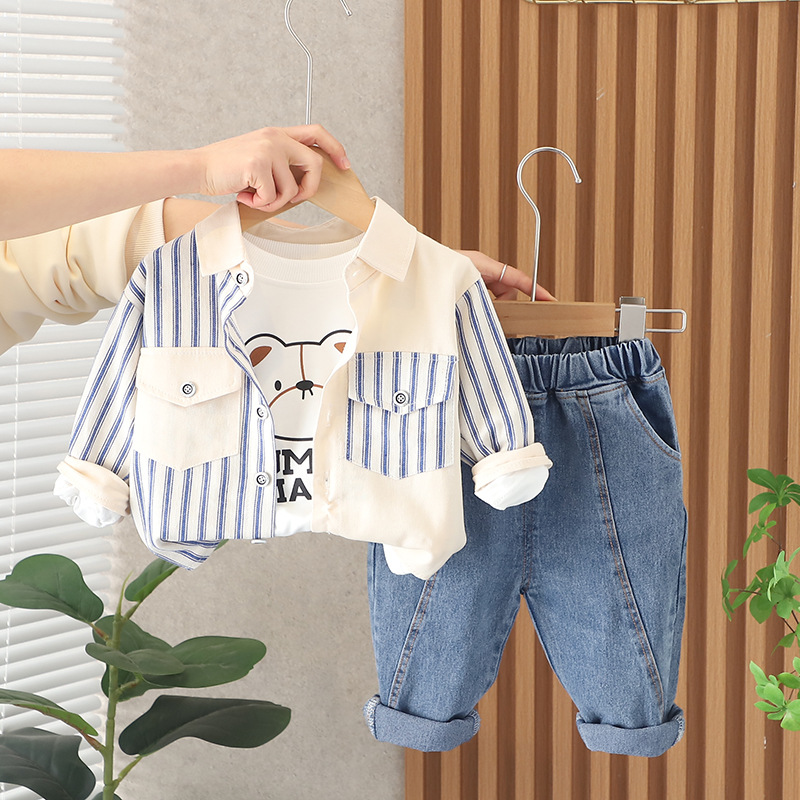 kids designer clothes 2025 Boys Shirt Set Striped Patchwork Long Sleeve Outfit Korean Style Spring Toddler Clothes
