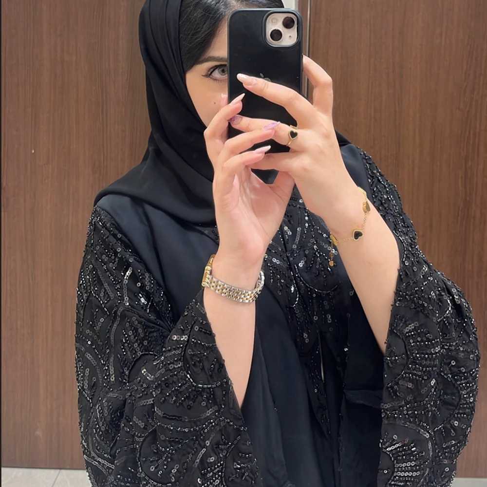 2025 Ramadan Black Open including headscarf Turban Abaya Dubai luxury Islamic clothing slim dress black beads Dubai Abaya womens W250401