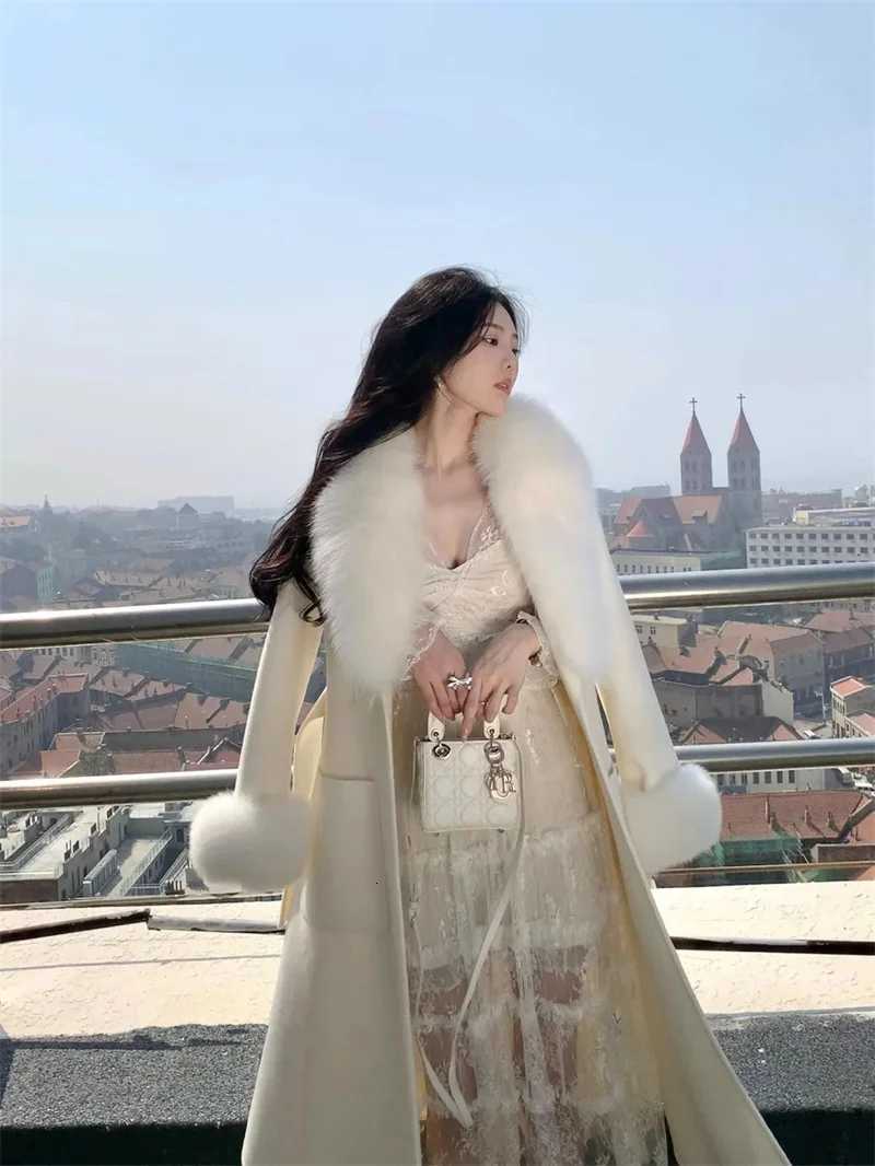 2025 Fox Fur Wool Overcoat Womens Long Coat Office Lady Elegant Doublesided Woolen Coat 2025 New Cardigan Jackets LooseT251101