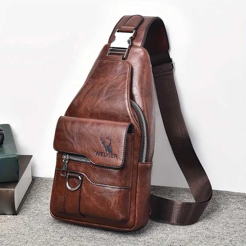 1pcs Vintage Waterproof PU Crossbody Bag AntiStain Large Capacity Casual Outdoor Travel Chest Pack Fashionable shoulder bagW251101