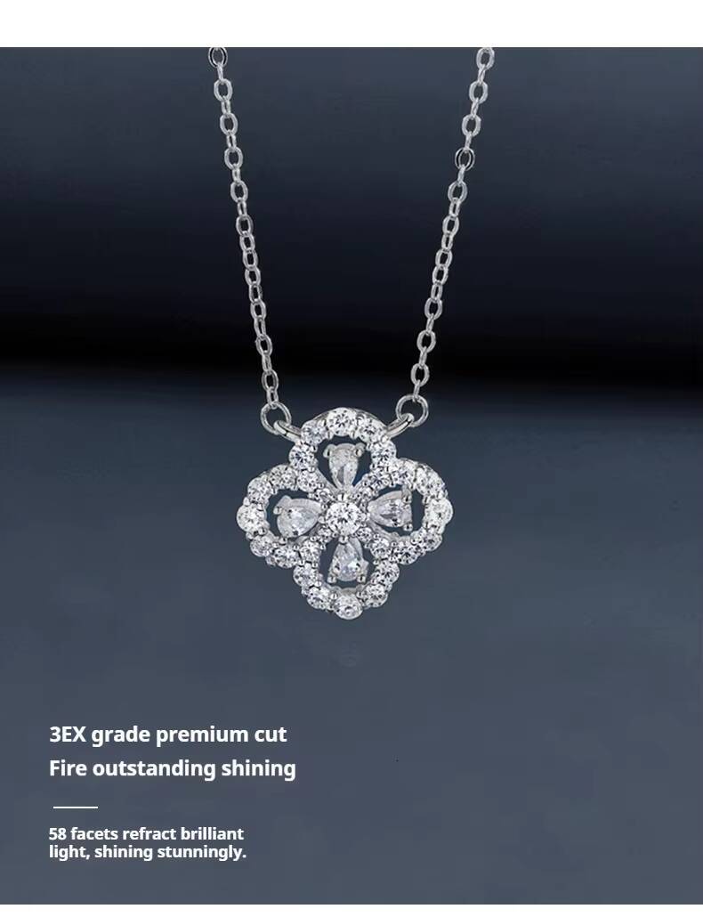 High Quality 925 Sterling Silver VVS D Mossanite Rhodium Plated Trendy 3mm 010ct Moissanite Fourleaf Clover Pendant Necklace