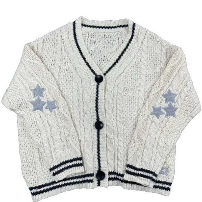 Deeptown Vintage Beige Swift Knit Cardigan Women Y2K College Oversize Star Embroidery Sweater Folklore Knitted Jumper KoreanT251101