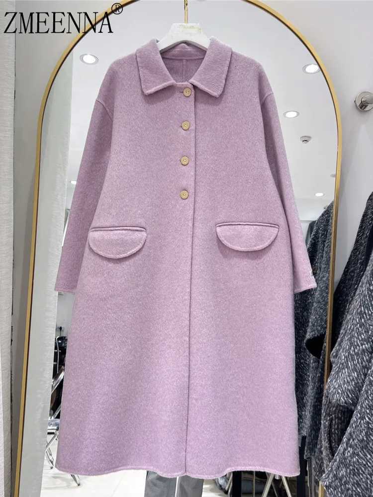 ZMEENNA Womens Mid Length Wool Blend Coat Single Breasted Warm Winter Outerwear Oversized Loose Fit Style Purple ZM4406T251101