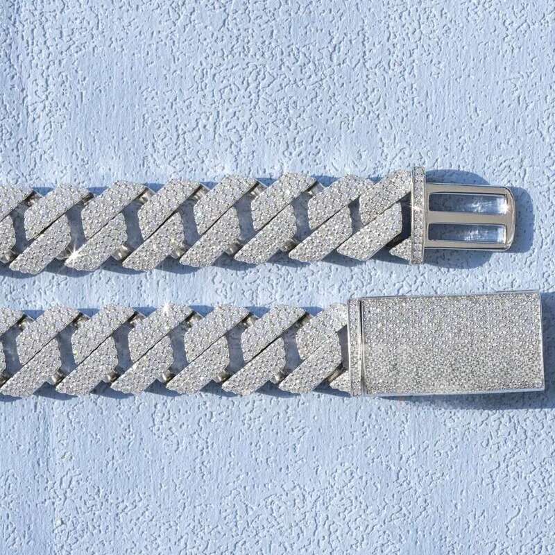 Necklace moissanite chain cuban k chainHand Setting 20mm Width Three Rows Vvs Moissanite Sier Womens Gold Plated Cuban