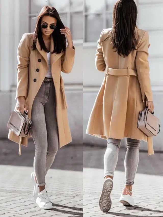 2022 Elegant New Casual Winter and Autumn Woolen Coat Solid Color Bandage Woolen CoatT251101