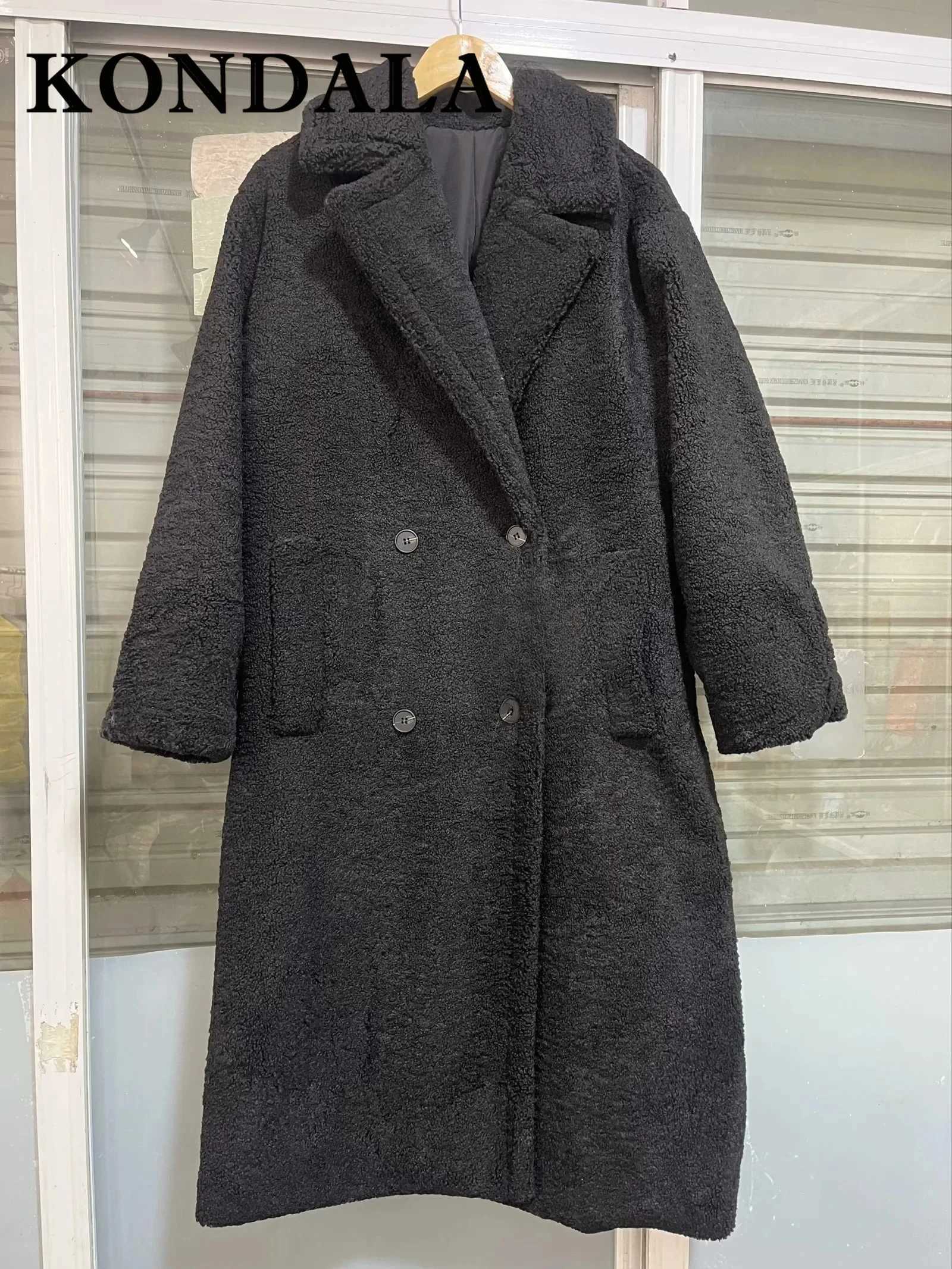 KONDALA 2025 Winter Women Casual Solid Coat Double Breasted Fleece Coat Loose Fit Long Coat Women Vintage Oversized Long JacketT251101