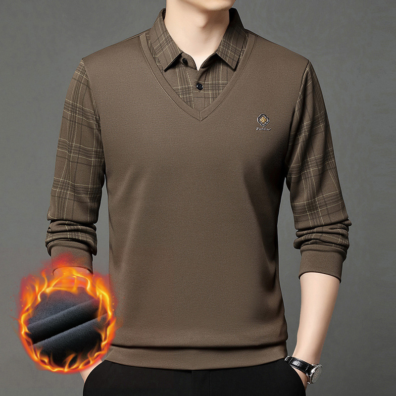 Winter New Fake Two-piece Long Sleeve T-shirt Designer T-shirt Men's Business Casual Fleece Lined Thickened Turn-down Collar Plaid Polo Shirt Top