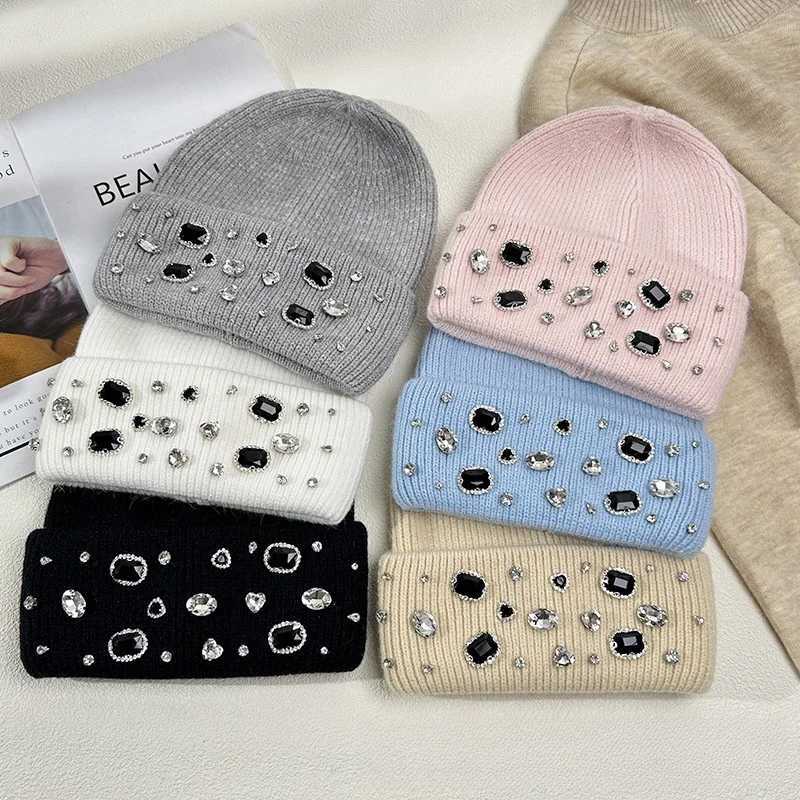 Winter lady warm thick beanie cap 7colors fashion rhineston solid casual Knitted hat women Angora wool cap windproof VersatileXJ251101