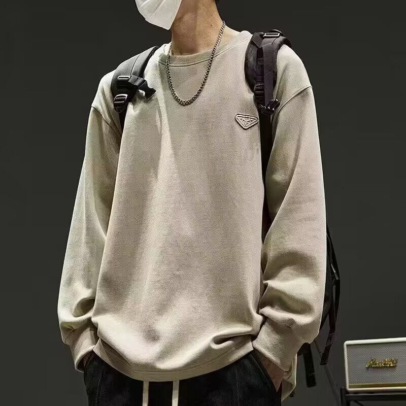 Long Sleeve T-shirt For Men National Trend Hong Kong Style Heavyweight Crew Neck Base Shirt Designer T-shirt New Spring And Autumn Solid Color Pullove