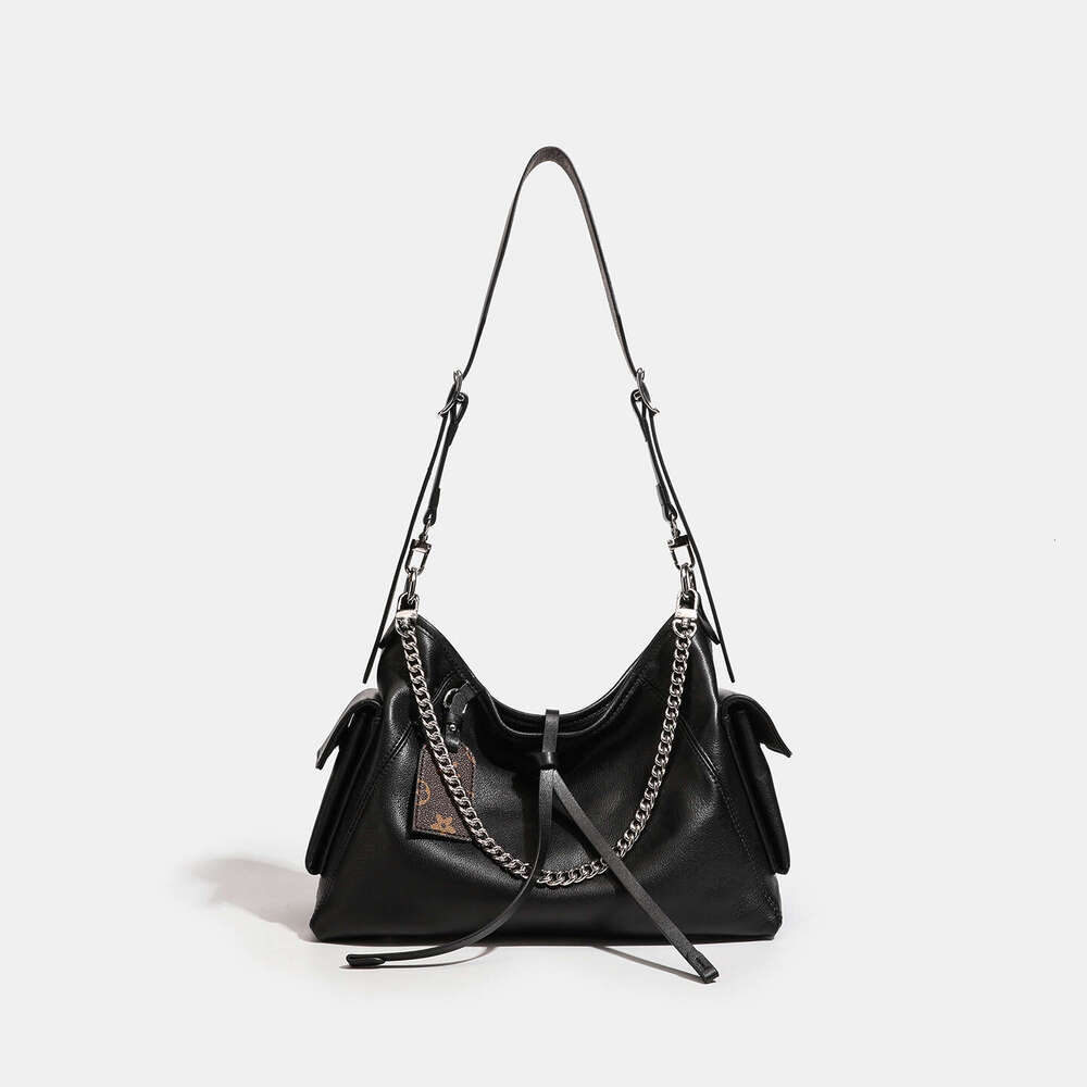 Top Layer Cowhide Genuine Leather Messenger Tote Large Capacity Chain Commuter Black Warrior High-End Feel Single Shoulder Crossbody Bag