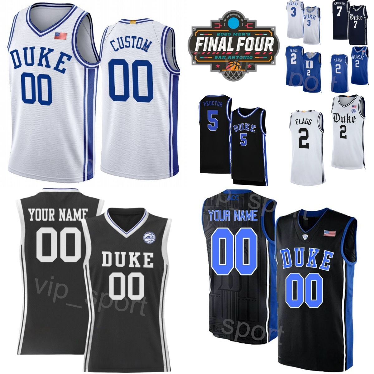 Printed College 2025 Finals Four Basketball Sion James Jerseys 14 Khaman Maluach 9 Isaiah Evans 3 Caleb Foster 1 Cooper Flagg Kon Knueppel Tyrese Proctor Custom DBD