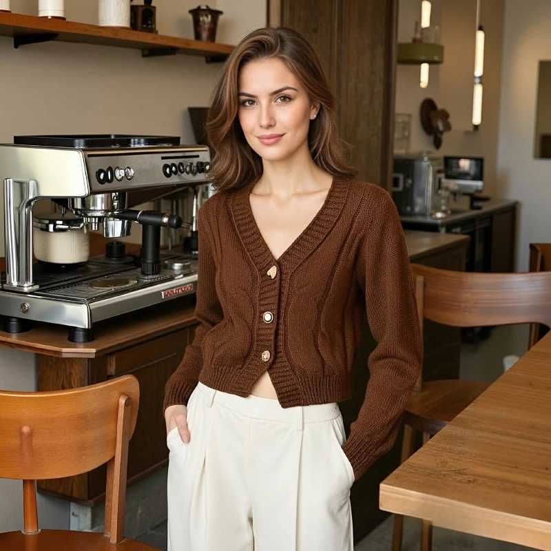 Korean Fried Dough Twists Long Sleeved Cardigan Vneck Knitting Top Womens Fashion New Casual Sweater Elegant Solid KnitwearT251101