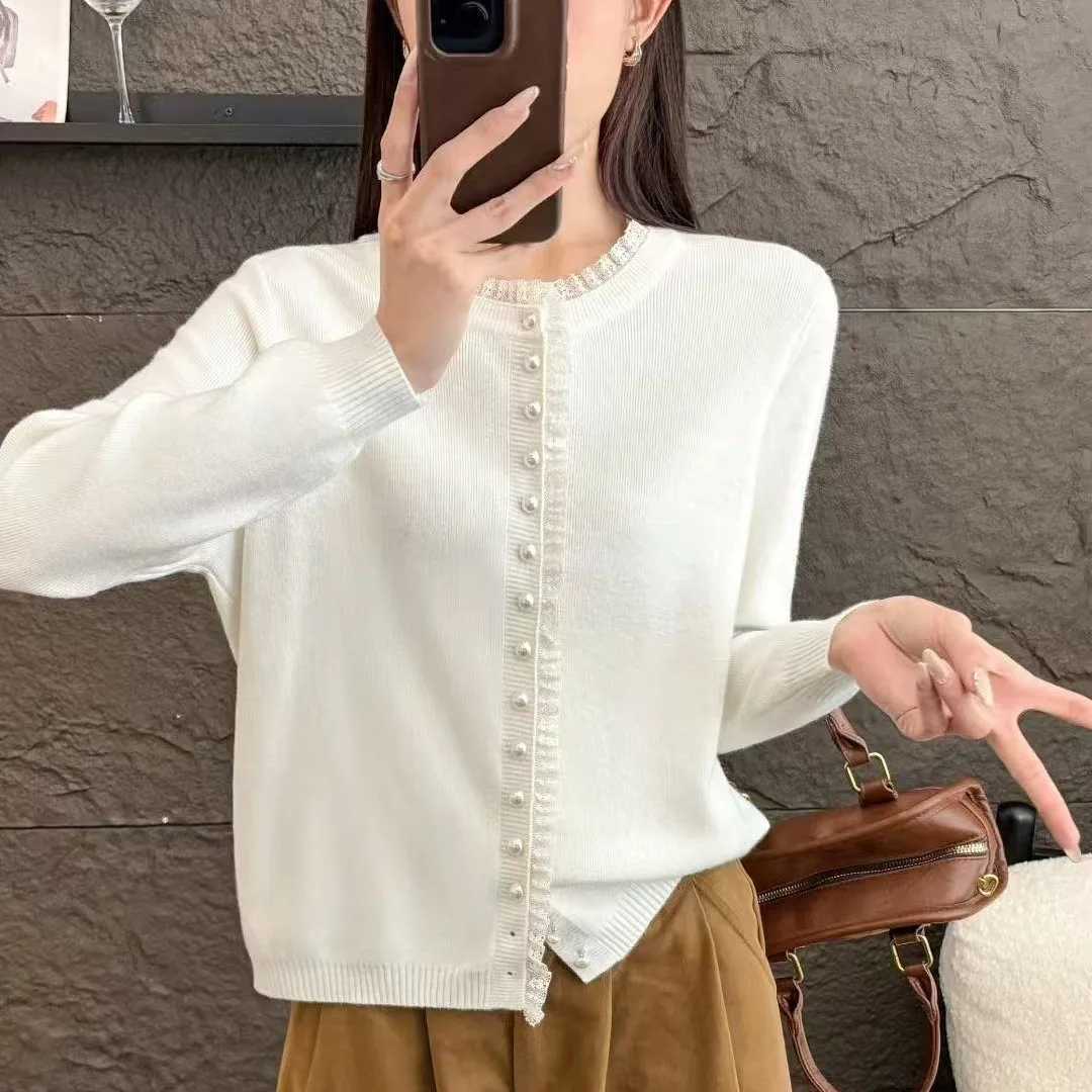 Knitted Sweater Women Cardigans New Long Sleeve ONeck White Lace Knit Sweater Cardigan Women Tops Sweaters Women Clothing Q1065T251101