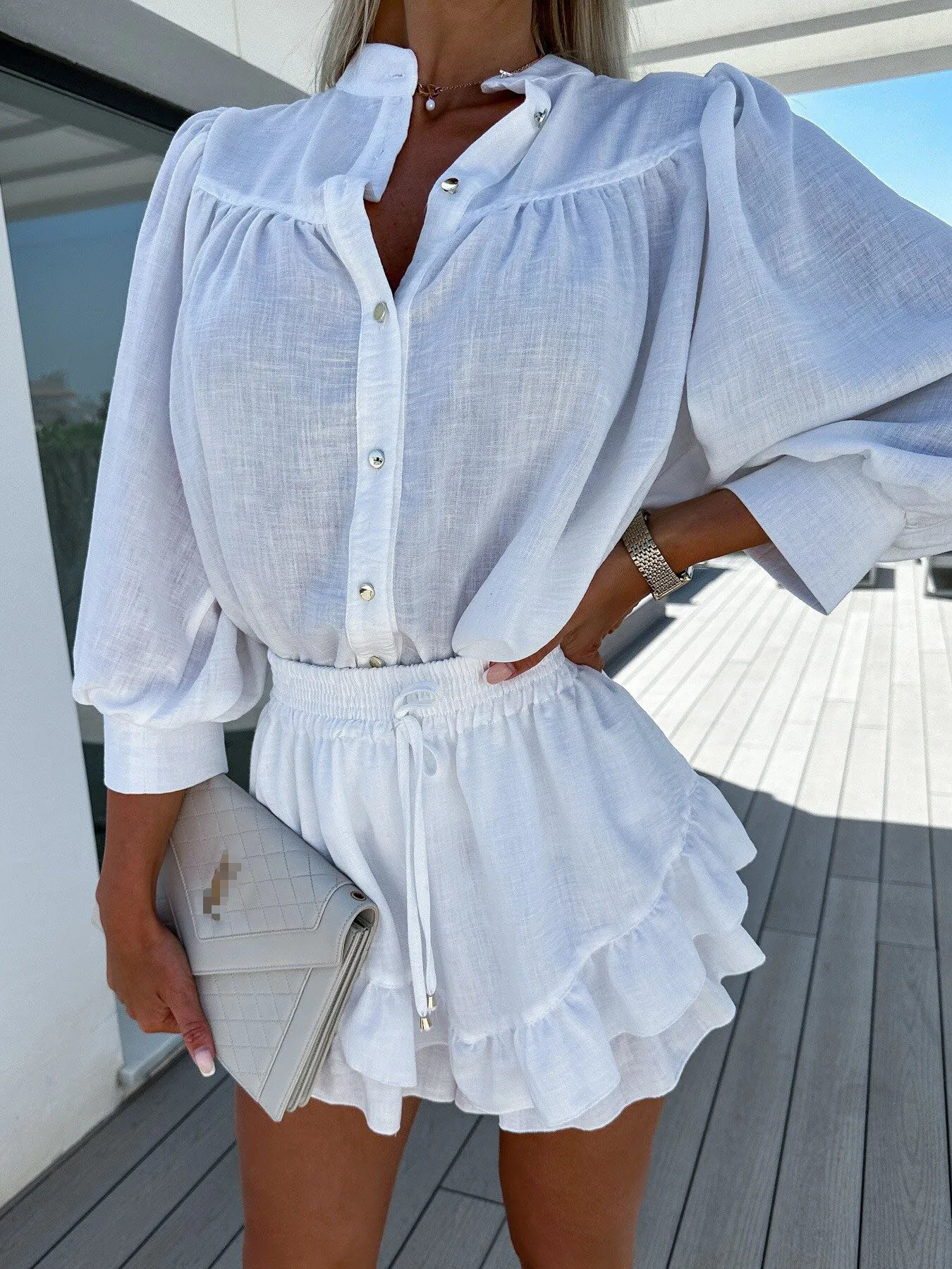 Womens pure cotton linen shirt dress set with three quarter sleeves monochrome casual summer solid color fashion holiday clothing 250327