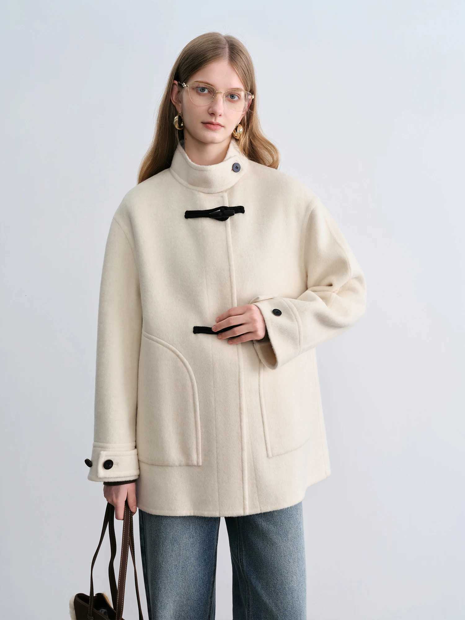 ZIQIAO Crafty Studio Wool Coat for Petite Women with Horn Buttons Standing Collar and DoubleFaced Design 2025 New CollectionT251101
