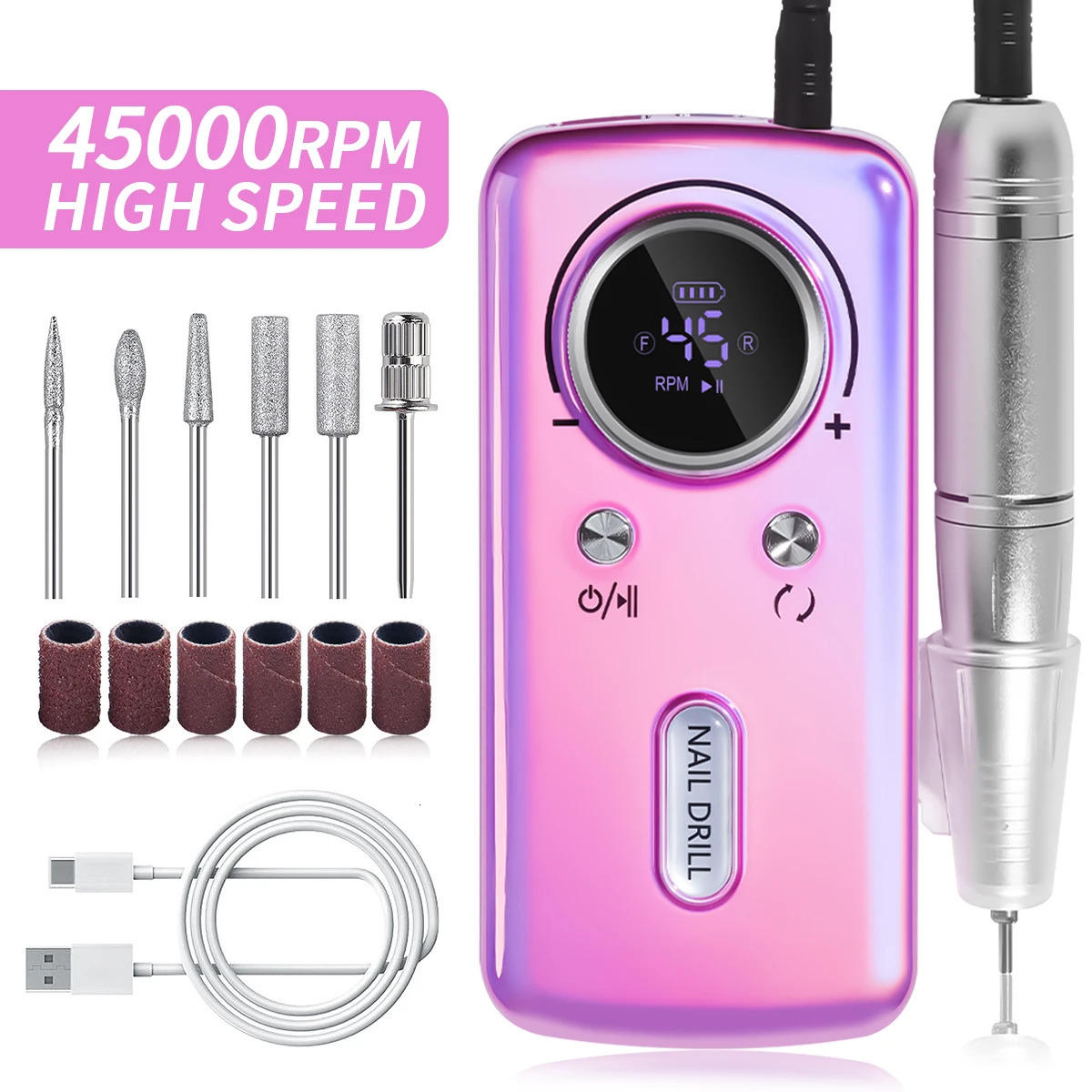 45000RPM Electric Nail Drill Machine Professional Nail Drills For Gel Nails Polish Rechargeable Portable Nail File Manicure Tool 250409
