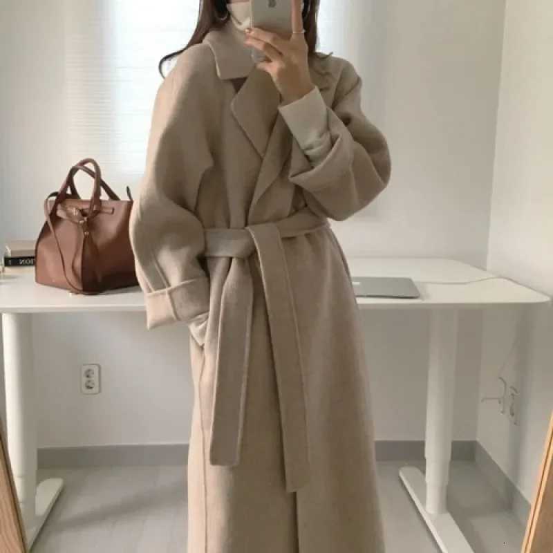 Long Wool Coats Women Midi Waist Lace Up Belt Blends Splice Full Sleeve Cardigan Solid Thick Warm Jackets Straight WinterT251101