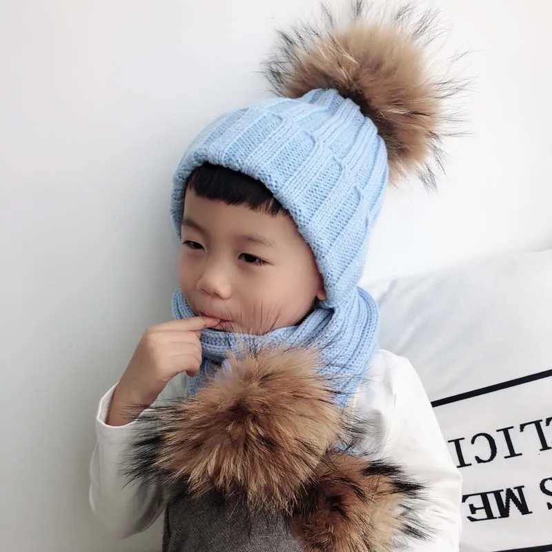 2023 Fashion Children Winter Real Fur Pompom Beanie Hat Scarf Warm Knitted Baby Hats For Kids Girls Boys Pom pom CapXJ251101