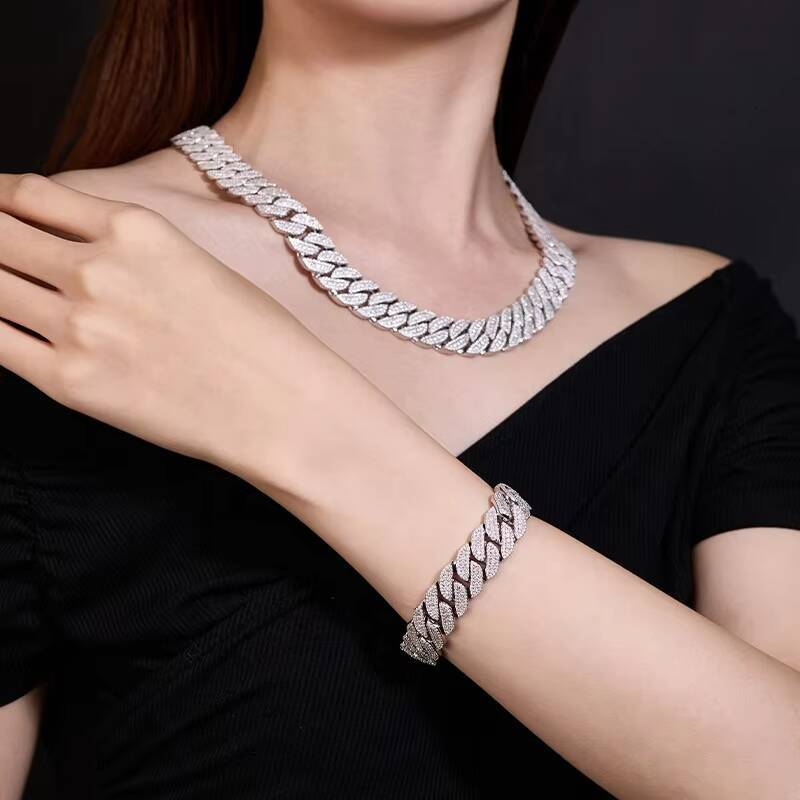 Mens ThreeRow Cuban Style Micro Paved 15mm Moissanite Necklace HipHop Personality Trendy