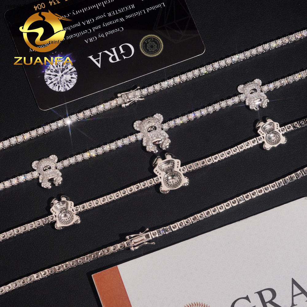3d Cartoon Bear Charm Necklace Moissanite Tennis Chain Necklace 925 Solid Silver Iced Out Hip Hop Jewelry