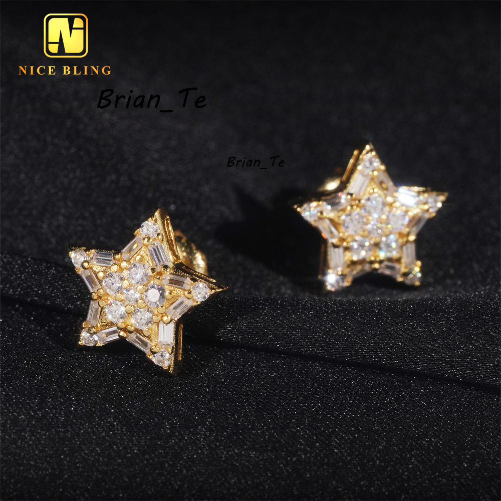 Hip Hop Jewelry Pass Diamond Tester Star Shape Baguette Diamond 925 Sterling Silver Moissanite Stud Earrings