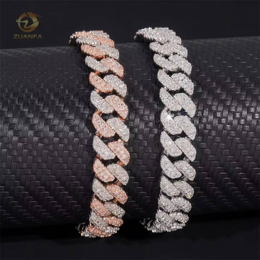Source Factory 10mm Moissanite Chain Cuban Links Prong Chain Pass Diamond Tester 925 Silver Cuban Link Chain Necklace 2 Tone