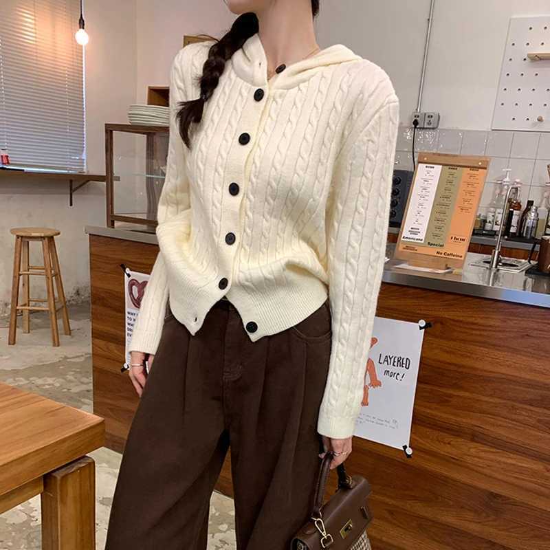 Gray Twist Knitted Cardigan Jacket Women Autumn New Vintage AllMatch Hooded Sweater Coat Fashion Single Breasted Hoodies WomanT251101