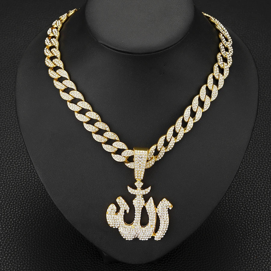 Iced Out 15mm Width Cuban Link Chain With Hip Hop Alloy And Bling Rhinestone Arabic Symbols Pendant Necklace 251031