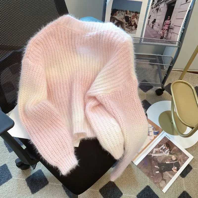 Cute New Korean Chic Spring Fall Women Rainbow Cardigan V Neck Pink Blue Purple Pastel Sweater Butterfly Soft Knitted OuterwearT251101