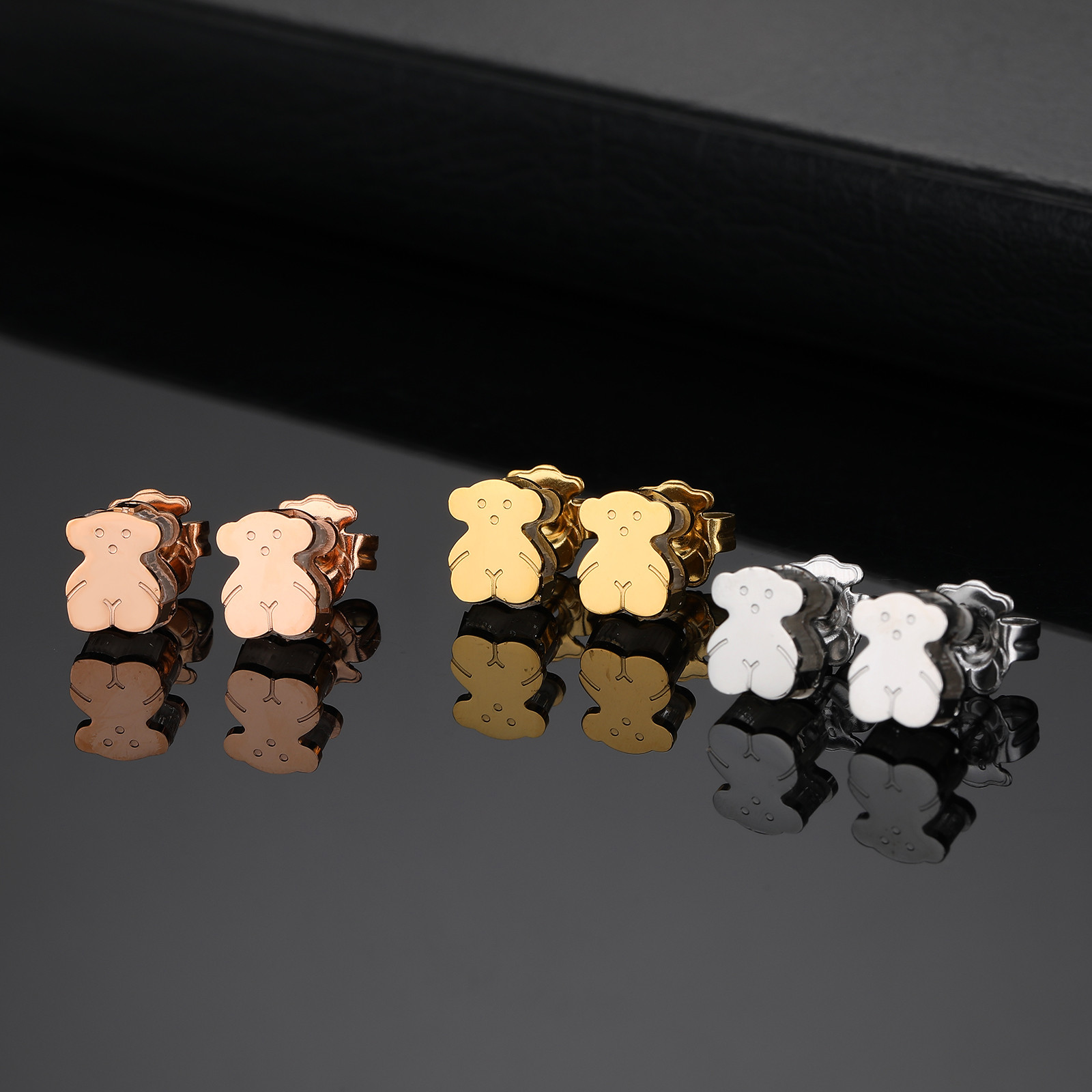 Fashion Women Men Bear Silver Rose Gold Stainless Steel Double Layer White Zircon Animal Hollow Span Stud Earrings Jewelry