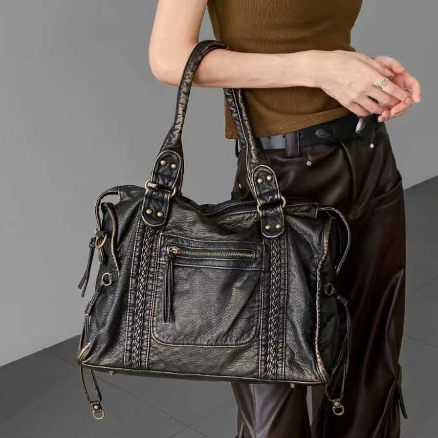 Y2K Spicy one Shoulder Crossbody Bag Vintage WAshed Leather Motorcycle Bag Large Capacity BagW251101