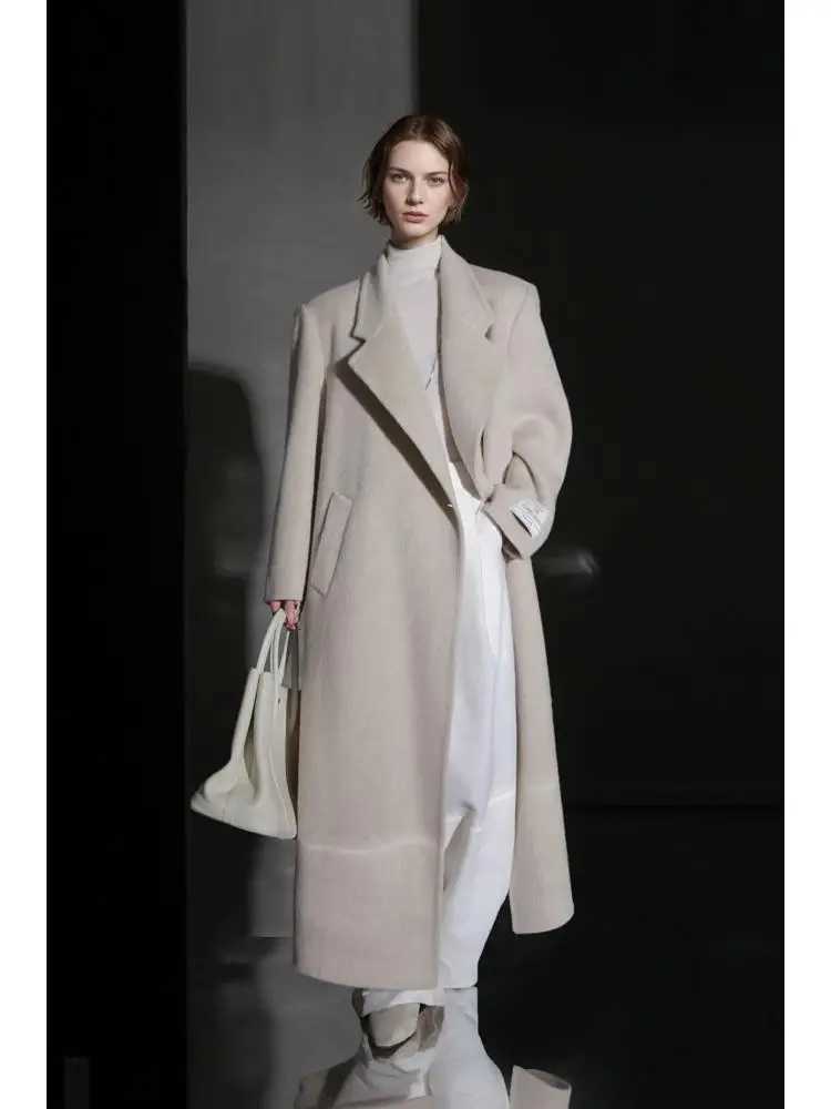 Office Lady OneButton Camel Hair Woolen Long Jackets 2025 Autumn And Winter Suit Collar Simple Loose XLong Womens Wool CoatsT251101