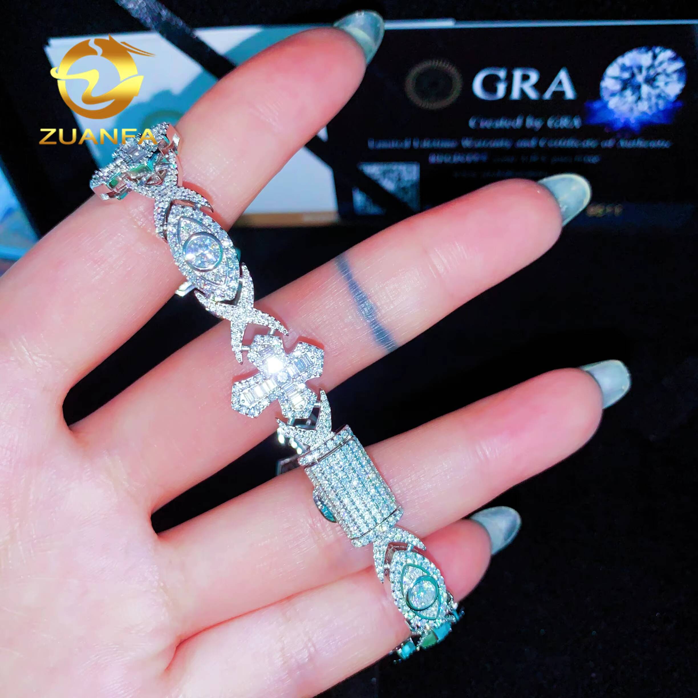 GRA Certified Cross Evil Eyes Baguette Moissanite Cross Bracelet Infinity Cuban Link Chain Moissanite Cuban Link Bracelet