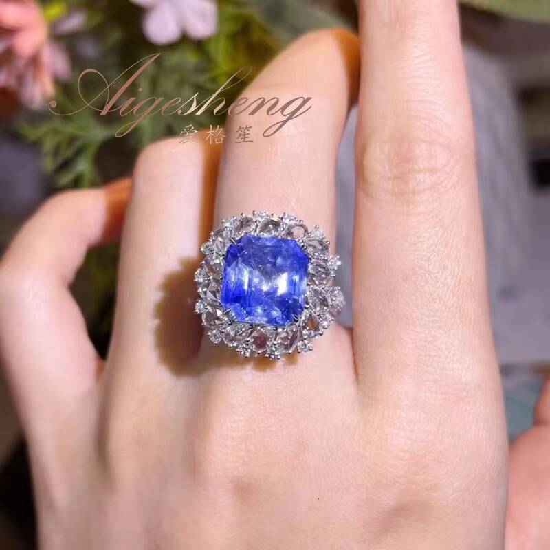 Aigesheng Jewelry Engagement Wedding Ring 18K Real Gold Natural Diamond and Natural Sapphire Ring for Women